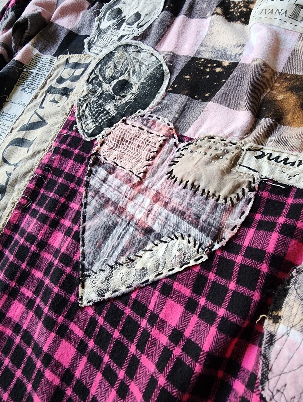 Designer Upcycled Kimono Duster Buttondown Flannel Top Artisan Cottage Appliqué - Picture 12 of 16